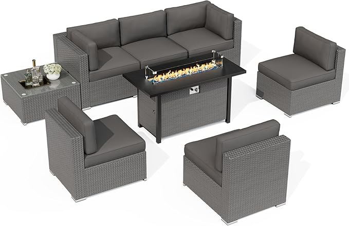 SUNCROWN Outdoor Patio Furniture Set 8 Piece Outdoor Sectional Sofa Grey Wicker Conversation Sofa Set with Coffee Table, Cushions and Fire Pit Table, Grey