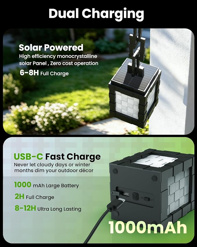 Pixelated Solar Lanterns Outdoor Waterproof, USB-C & Solar Hanging Light | 17-Color RGB Table Lamp with Remote & Timer, Decor for Patio Yard Garden Porch & Winter Camping, Gift for Gamers, 2 Pack