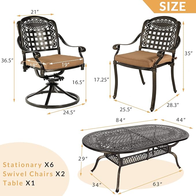 9-Piece Patio Dining Set, Outdoor Patio Table and Chair Set of 84” Oval Cast Aluminum Dining Table with Umbrella Hole, 6 Stationary, 2 Swivel Rocker Chairs, Patio Funiture Set for Backyard