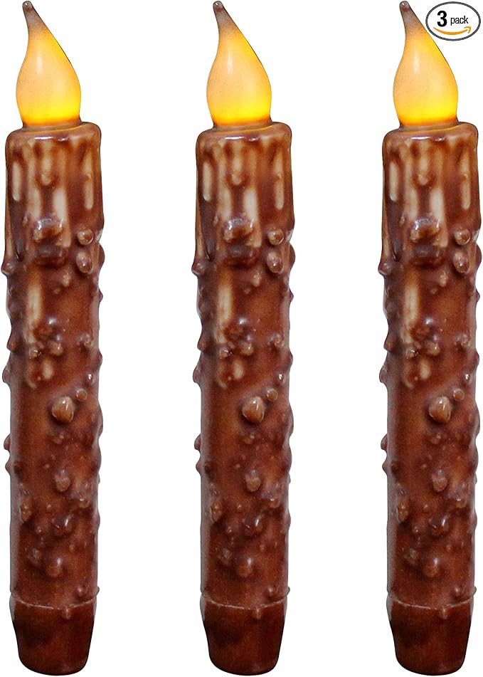 CVHOMEDECO. Real Wax Hand Dipped Battery Operated LED Timer Taper Candles Country Primitive Flameless Lights Décor, 6-3/4 Inch, Coffee, 3 PCS in a Package