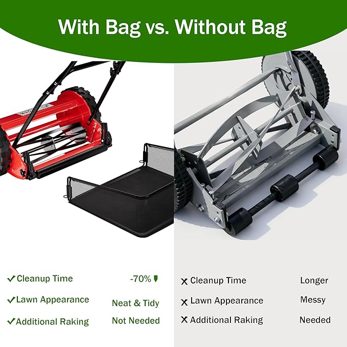 Garvee 14" Cordless Manual Reel Lawn Mower, Walk-Behind Push Mower with 5-Blade Cutting System, Durable Steel Frame, Adjustable Cutting Height, Comfort Grip Handle & 6.7-Gallon Grass Catcher