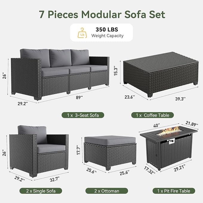 Aoxun Patio Furniture Set with Fire Pit Table, 7 Seats Piece Outdoor Furniture Set with Wicker Ottomans, Rattan Outdoor Sectional Sofa with Storage Table & Waterproof Cover Grey