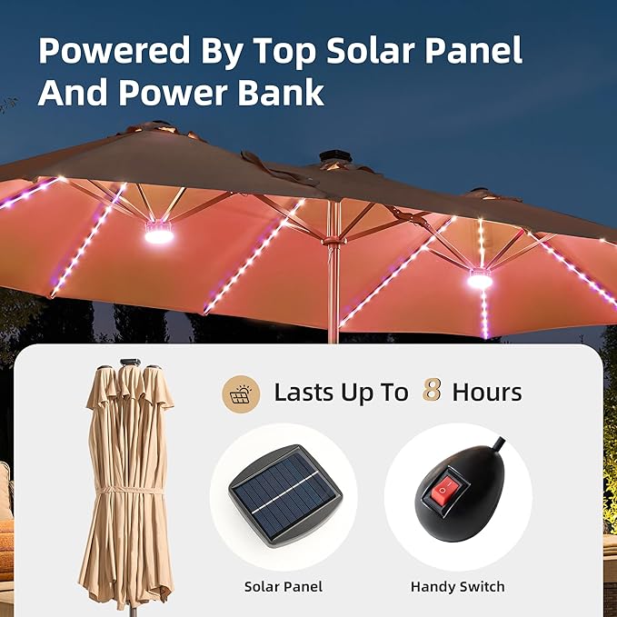 15ft Patio Umbrella with Base Included, Rectangle Double Patio Umbrellas with Crank Handle 12 Ribs, Heavy Duty Large Table Umbrella for Pool Deck Garden Party Commercial