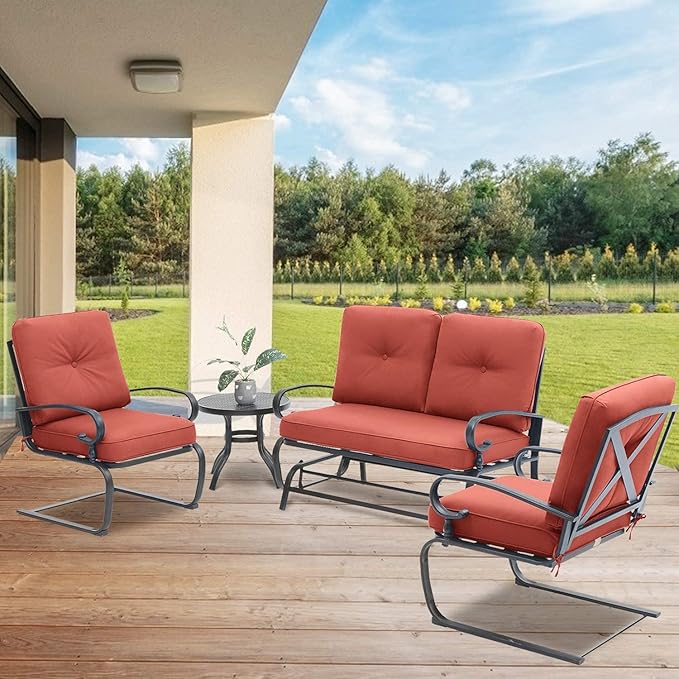 4 Pcs Outdoor Wrought Iron Furniture Patio Conversation Set with Glider Loveseat, 2 Spring Chairs, and Coffee Table (Red)