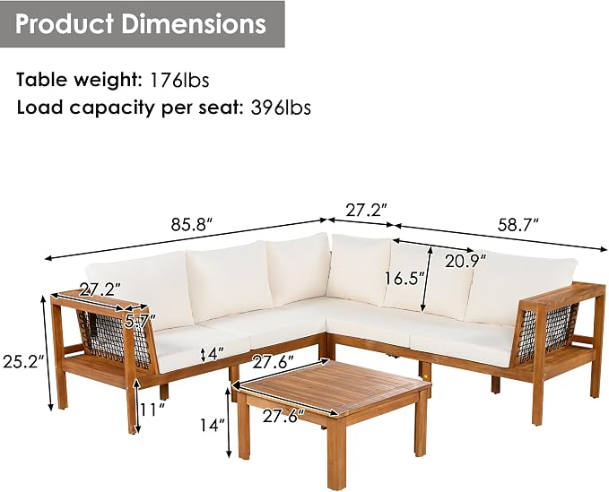 JIVOIT Acacia Wood Sofa Set, 4 Pieces Outdoor Conversation Set with Coffee Table, L-Shaped Patio Furniture Sofa with Woven Mesh Armrests, Cushions and Side Table, Adjustable Foots