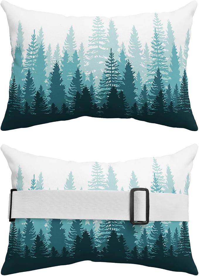 Outdoor Pillows Covers with Inserts Forest Tree Silhouette Teal Green Abstract Gradient Waterproof Pillow with Adjustable Strap Throw Pillows for Patio Furniture Recliner Lounge Chair, 12" x 20", 2PCS