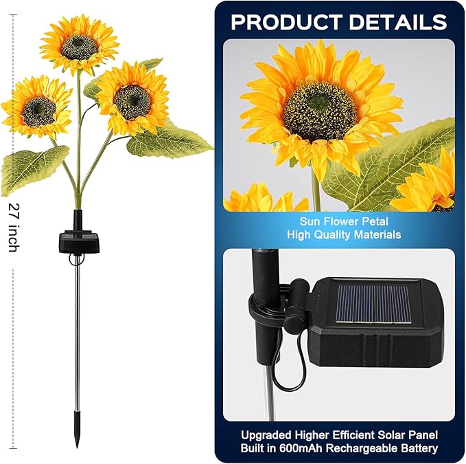 TANSOREN 6 Pack Solar Garden Lights Outdoor, 2 Lighting Modes Warm White LED Waterproof Solar Powered Sun Flowers Landscape Light for Outside Yard, Patio, Pathway Decorative, Décor, Gifts