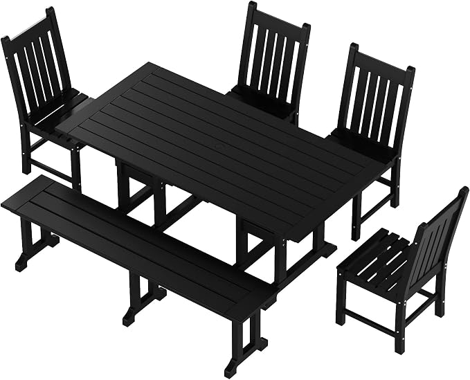 WO Home Furniture Adirondack Patio Dining Chair Table Bench Set of 6 PCS Rectangle Dinner Table Dining Armless Chairs (Black)