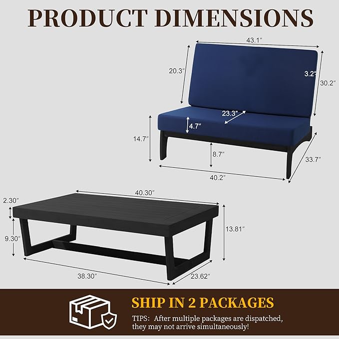 UIXE Black Wood Patio Furniture Sets, 2 Pieces All Weather Patio Loveseat Outdoor Sofa with Solid Wooden Coffee Table - Navy Blue