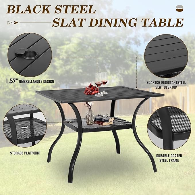 SUNCROWN 6 - Piece Outdoor Dining Set, Patio Furniture Set with 4 Textilene Dinning Chairs, 1 Steel Slat Metal Bistro Table and 1 Dark Blue 9Ft Patio Umbrella for Lawn Garden Backyard Deck, Dark Blue