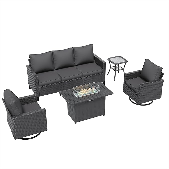 Amopatio Patio Furniture Set, 5-Piece Wicker Outdoor Sectional Sofa with Swivel Rocker Chairs, Rattan Conversation Set with Fire Pit Table and Waterproof Cover for Backyard Black/Dark Grey