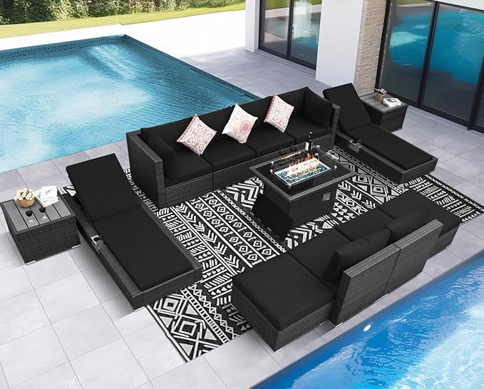 NICESOUL 13 Piece Patio Sectional with Chaise Lounge, Full Size Outdoor Set with Firepit Lounges for 10-Persons, Fade/Water Resistant Sturdy Conversation Seating Sofas, Gray Rattan & Black Cushion