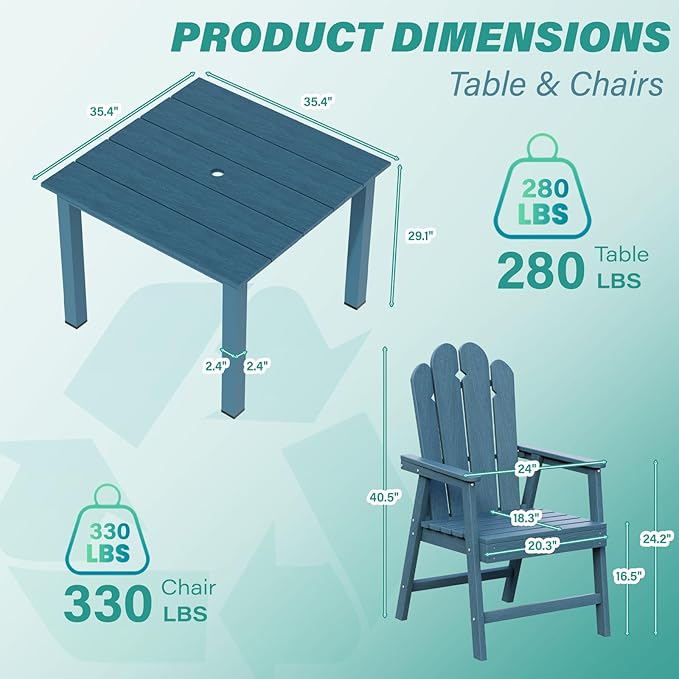 5-Piece Patio Dining Set, Outdoor Dining Set for 4, HDPE All-Weather Outdoor Furniture with 35.43” Umbrella Hole Table, 4 Armchairs, Navy
