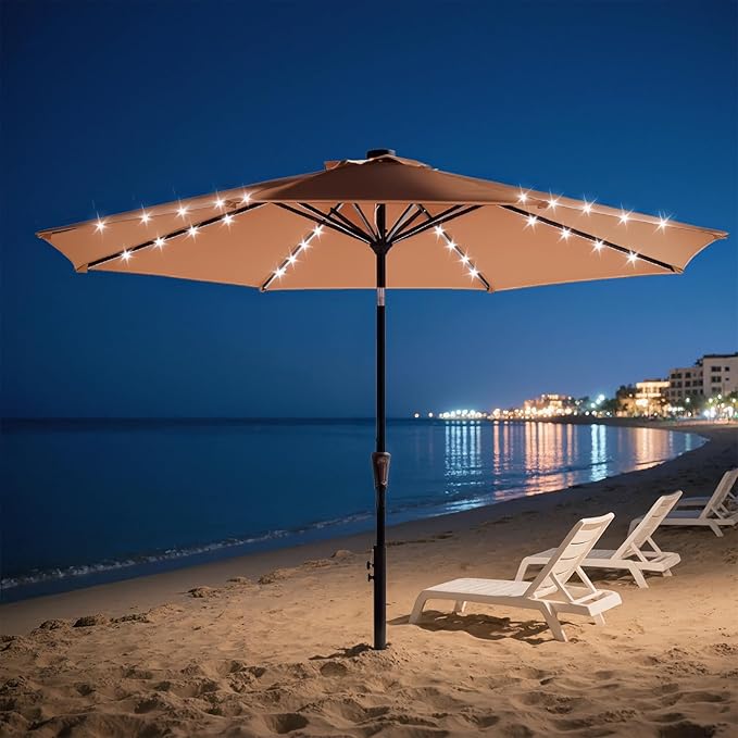 DUMOS LED Outdoor Patio Umbrella 10 FT UV-Resistant Market Umbrella with Tilt Adjustment & Crank Lift, All-Weather Shade for Backyard, Deck, Garden, Beach