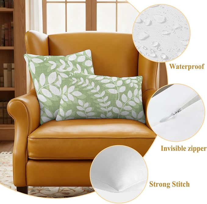 Olive Green Leaves Outdoor Waterproof Throw Pillow Covers 20x12 Set of 2, Farmhouse Botanical Branch Vintage Boho Decorative Pillowcases Cushion Pillowcase for Couch Sofa Patio Pillow Protector