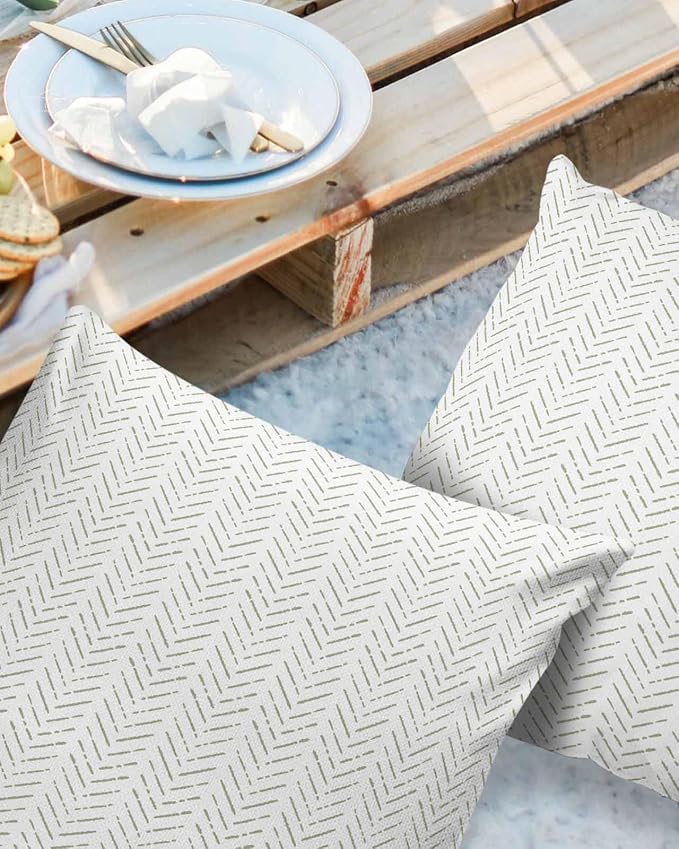 Outdoor Waterproof Throw Pillow Covers 24x24in, Sage Green Lines Cushions for Garden Patio Furniture Chairs Set of 2, Simple Textures Home Decor Couch Sofa Polyester Pillow Cases