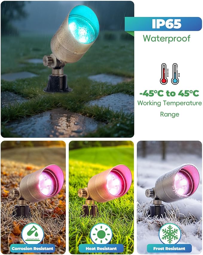 Low Voltage Landscape Lighting, Halloween Spotlight Outdoor, Color Changing Landscape Light, 12V Brass Spot Light with RGBW MR16 LED Bulb,Christmas Outdoor Decorations for Yard Garden Lawn