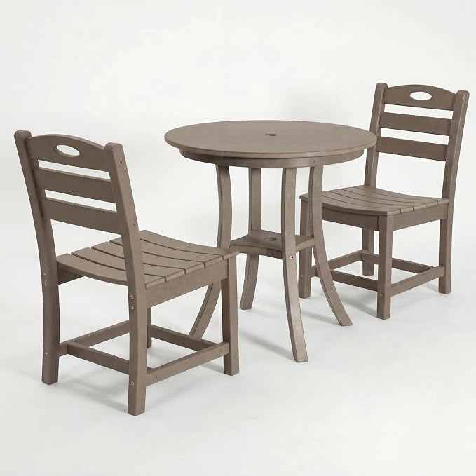 3-Piece Outdoor Round Table Set with Unberalla Hold, Patio Bistro Dining Set, Round Dining Table with 2 Slatted Chairs HDPE All Weather