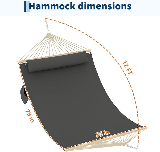 Hammocks 12 FT Double Quilted Fabric Hammock with Spreader Bar and Detachable Pillow, 2 Person Hammock for Outdoor Patio Backyard Poolside, 450lbs Weight Capacity