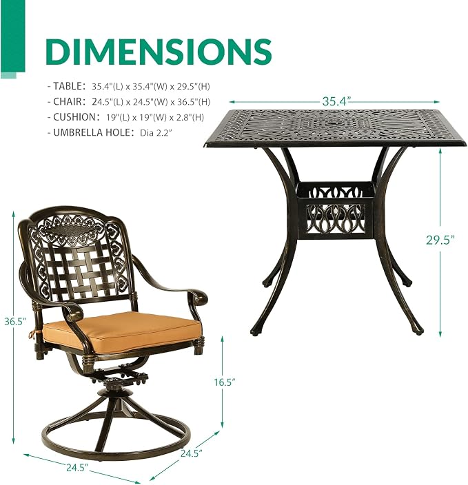 VIVIJASON 5-Piece Outdoor Patio Dining Set, All-Weather Cast Aluminum Conversation Set, Patio Furniture Set for Balcony Lawn Garden, Include 4 Swivel Cushioned Chairs, 1 Square Table w/Umbrella Hole