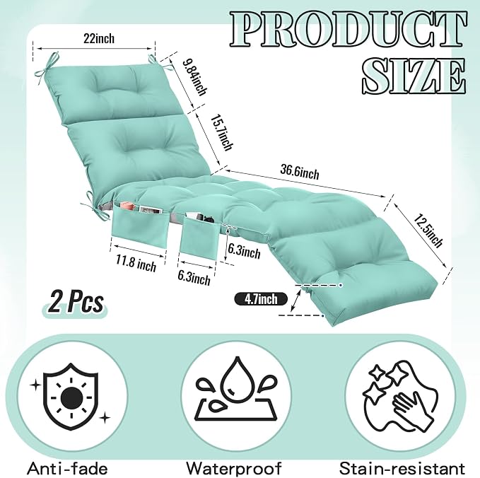 Kigley 2 Pcs Outdoor Chaise Lounge Cushions with 3 Side Pocket 74.5 x 22 x 4.7 Inch Patio Chaise Lounge Cushion, Water-Repellent and Fade-Resistant Tufted Summer Replacement (Light Green)