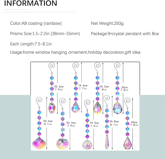 9 Pack Crystal Prisms Suncatchers for Windows Hanging Sun Catchers Indoor | Sun Catchers with Crystals,Colored Beads Suncatchers,Glass Pendant for Chandeliers, Garden, Christmas Tree Decoration Gift