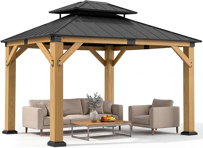 Jocoevol 10' X 12' Wood Gazebo Hardtop Outdoor Permanent Pavilion with Double Galvanized Steel Roof Snow Support, Wind Resistance for Backyard Garden, Lawns, Patio