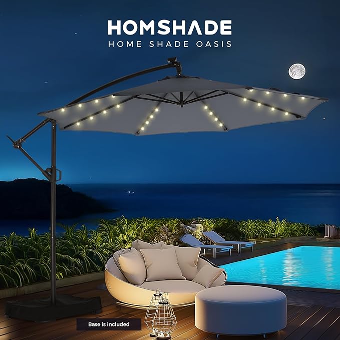 HOMSHADE 10ft Solar Lights Offset Cantilever Patio Umbrella - wtih Light and Base, LED Lighted Offset Hanging Patio Outdoor Market Umbrella UPF50+ UV Protection with Easy Tilt and Crank (Grey)