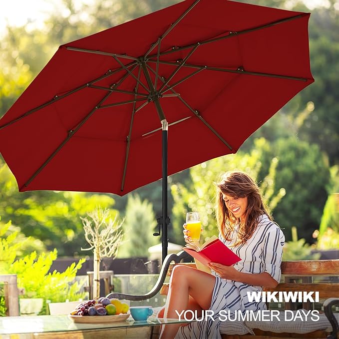 wikiwiki 9ft 3-Tier Patio Umbrella Outdoor Table Market Umbrella for Patio with Push Button Tilt/Crank, Fade Resistant Waterproof POLYESTER Canopy for Garden, Lawn, Deck, Backyard & Pool, Burgundy Red