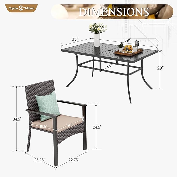 Sophia & William 7 Pieces Patio Dining Set for 6 People, Metal Patio Table and Rattan Chairs Set, Rectangular Outdoor Table and Wicker Chairs with 1.57"-1.9" Adjustable Umbrella Hole, Seat Cushion