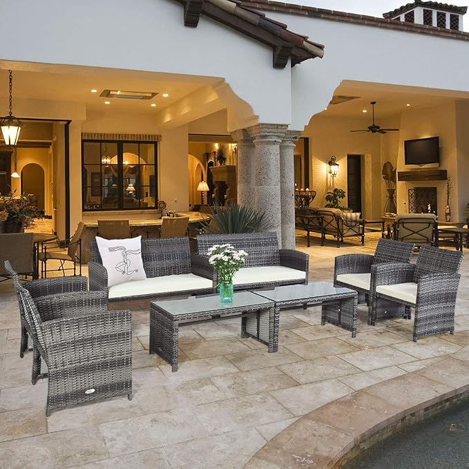 Outdoor Conversation Set, 8 Pieces Wicker Patio Furniture Set with Ergonomic Curved Design, Patio Chair Set with Water-Resistant Cushion & Tempered Glass Table for Backyard, Porch(Beige)