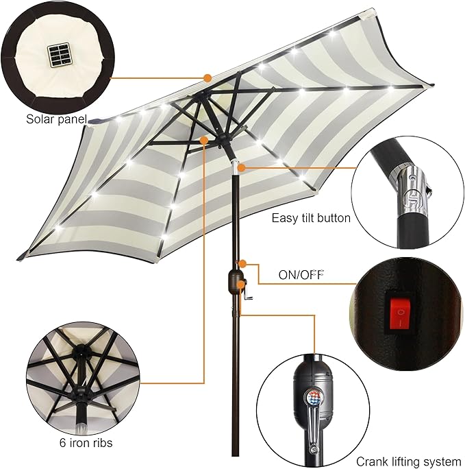 Blissun 7.5 ft Solar Umbrella, 18 LED Lighted Patio Umbrella, Table Market Umbrella