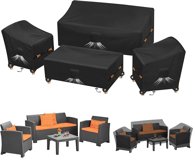 Kovshuiwe 4 Pieces Waterproof Patio Set Cover, Lawn Chairs, Coffee Table, Patio Furniture Set Cover for Outside Couch -210D Oxford Fabric, Windproof with Buckle Strap, Black