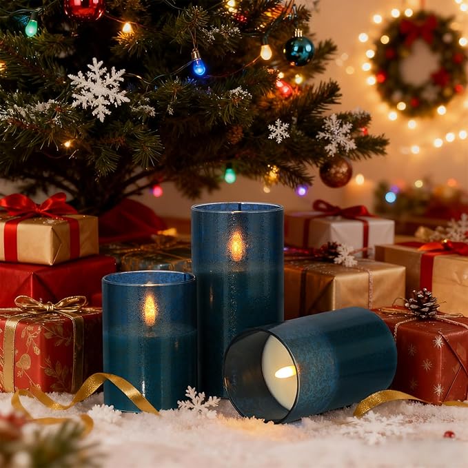 Flickering Flameless Candles with Remote - 3D Wick Battery Operated Candles with Timer, Blue Glass Fake LED Candles for Party Wedding Birthday Holiday Festival Christmas Home Decor Gifts