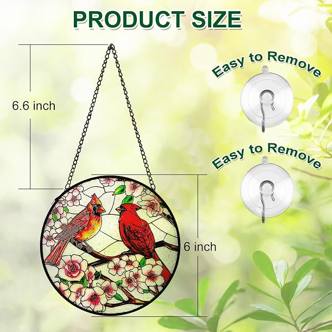 Remiawy Cardinal Stained Glass Window Hanging, 6 Inch Glass Panel with Metal Chain and Hooks Window Hanging Indoor Window Wall Art Home Decor Gift for Bird Lovers Women Mother's Day Christmas