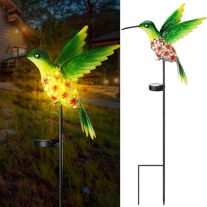 VIHOSE Garden Hummingbird Solar Lights Decor, Cardinal Solar Stake Lights for Outdoor Yard, Metal Red Hummingbird Gift for Women Mom, Waterproof Decorative Warm LED for Outside Yard Lawn Patio Porch