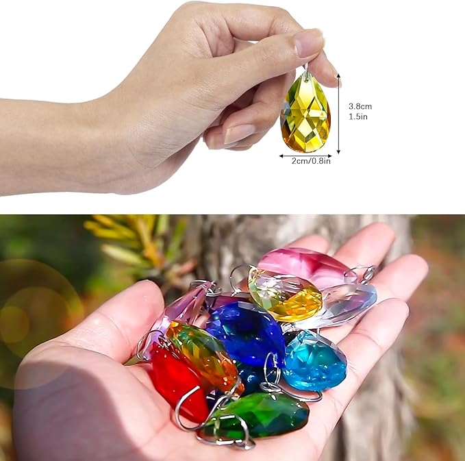 12 Pcs 38mm Multi-Color Crystal Prism Suncatcher Window Decor | Multi-Color Feng Shui Faceted Crystal Grid Prism 38mm Suncatcher Pendant Set of 12 for Window Chandelier Garden Wedding Decor