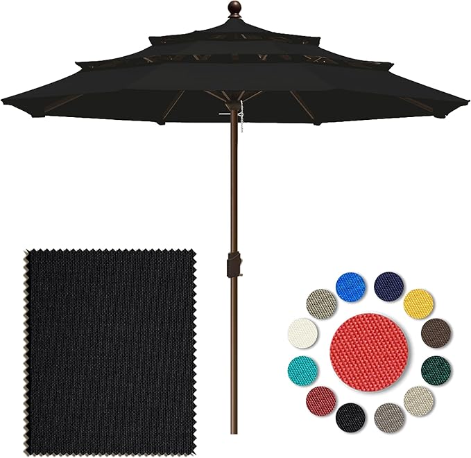Eurmax USA 10-Year-Non-Fading 10FT 3-Tier Outdoor Patio Market Umbrella,UPF50+ UV Resistant,Heavy Duty Commercial Grade,Crank Lift Design,Windproof Vented Top for Garden,Pool,Deck,Black