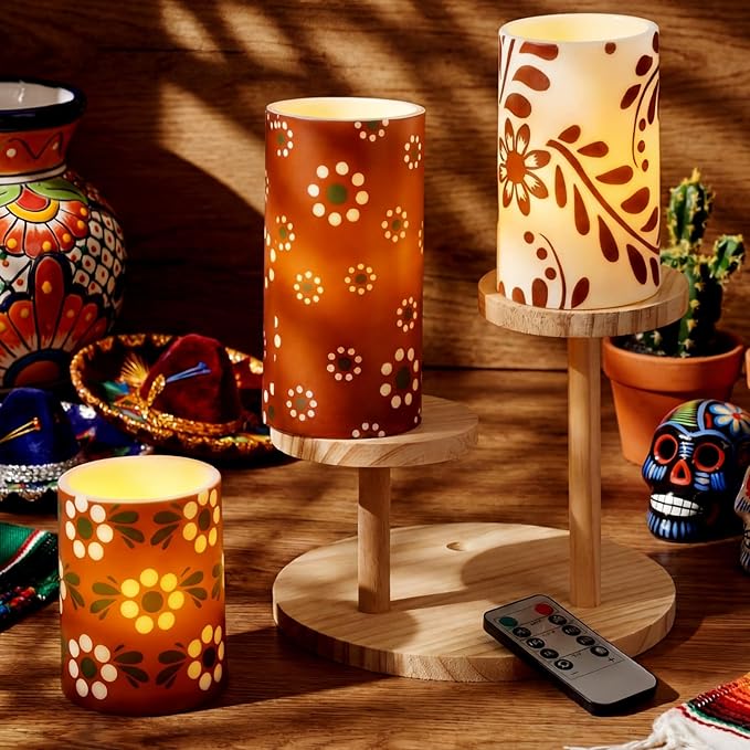 Baquler 3 Pcs Cielito Lindo Mexican Barro Flameless Candles with Remote Timer Battery Operated LED Flickering Pillar Platos De Barro Mexican Home Decor Talavera Decor Mexico Gifts Holiday Decorations