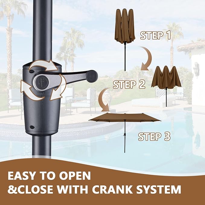 13Ft Large Patio Umbrella with Base Outdoor Double-Sided Market Extra Large Table Umbrella Easy Crank for Yard, Poolside, Deck-Coffee