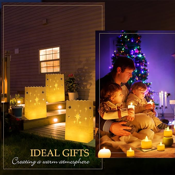 Sabary 50 Sets Luminary Bags with Flameless Tea Lights Outdoor Luminaries LED Lantern Candle Bags for Wedding Birthday Ramadan Christmas Party Decorations Romantic Decor(Firework)