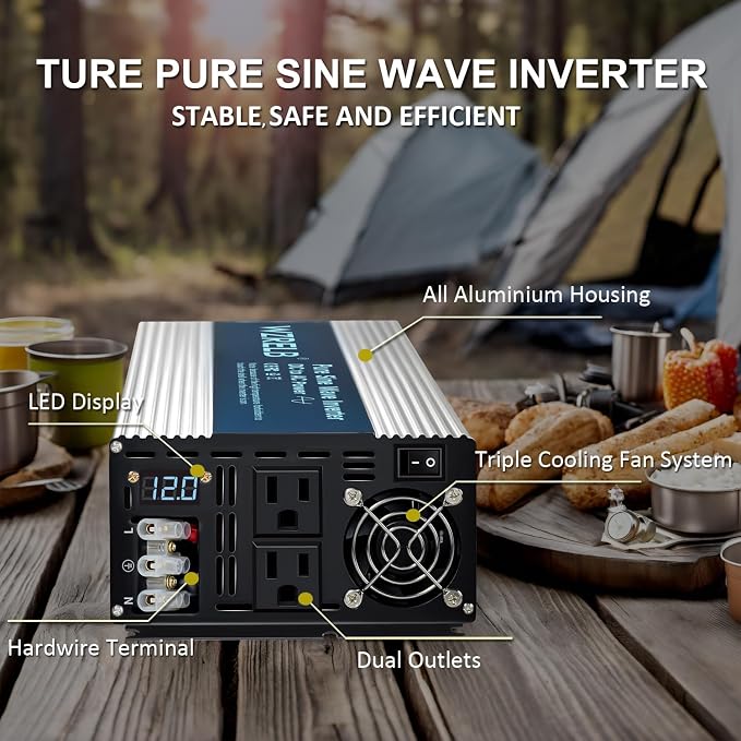 WZRELB 3500W Pure Sine Wave Inverter 12V DC to 110V 120V AC with LED Display,Remote Controller,Off-Grid Power Converter 7000W Surge with Dual AC Outlets, Hardwire Terminal for Home, RV, Truck, Camping