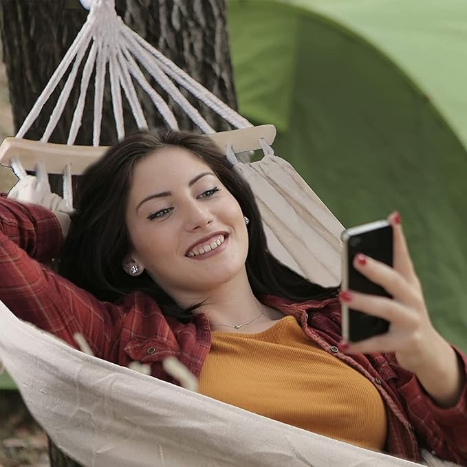 Outdoor Hammock with Spreader Bars, Portable Canvas Camping Hammock with Ropes, Adjustable Light Hammock with Carrying Bag, for Garden Patio Travel (Color : White, Size : 190x150cm)
