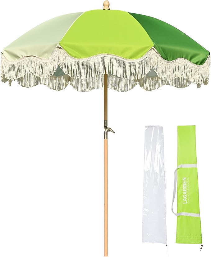 LAGarden Fringe Patio Umbrella with Carry Bag & Cover Vintage Wood for Event Outdoor Garden Yard Wedding Bistro Table