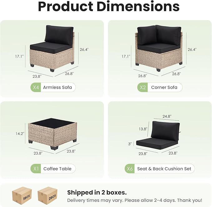 Soohow 7-Piece Patio Furniture Set, Outdoor Sectional All-Weather Wicker Patio Conversation Set for Garden, Porch, Backyard - Black Cushions