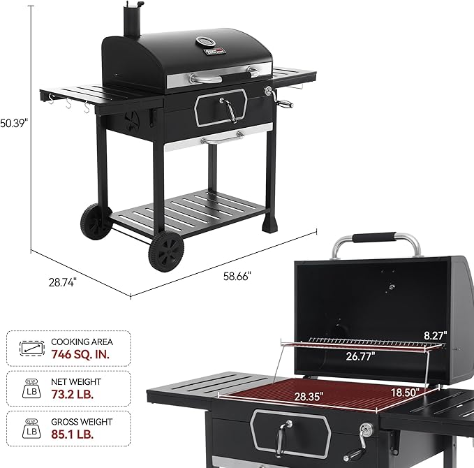 Royal Gourmet CD2030AC Deluxe 30-Inch Charcoal Grill with Cover, Large BBQ Grill with Collapsible Side Tables for Outdoor Picnic Camping Patio Backyard Cooking, Black