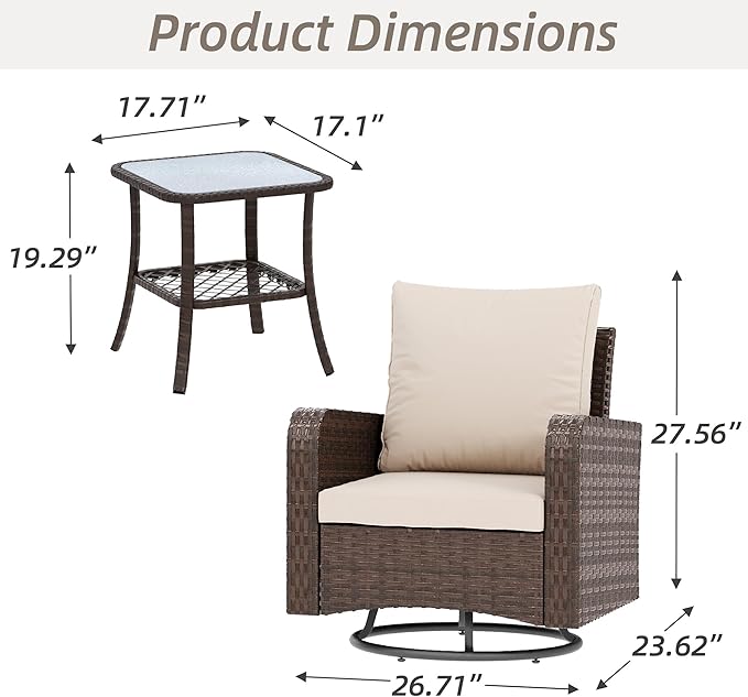 HOMREST 3 Piece Swivel Patio Chairs Wicker Set - All Weather Outdoor Patio Bistro Set with Side Table, Small Patio Furniture Set for Balcony Porch Deck Backyard, Khaki
