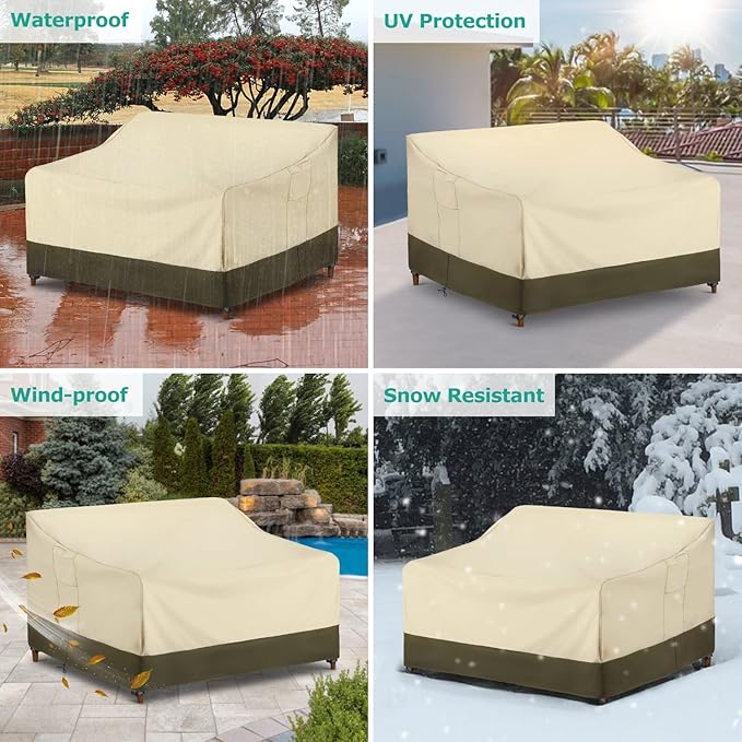 SunPatio Outdoor Couch Cover Waterproof, Patio Furniture Covers for 3 Seater Sofa, 78W x 42D x 32H inch, Heavy Duty Deep Seat Sofa Cover with Air Vents and Handles, Beige & Olive