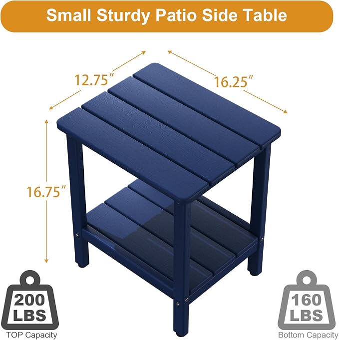 Outdoor Side Table, Small Square Patio Side Table with Adjustable Feet, All-Weather HDPE Adirondack End Tables for Porch Deck Balcony Pool, 2-Tier Storage, Easy Maintenance, Navy Blue