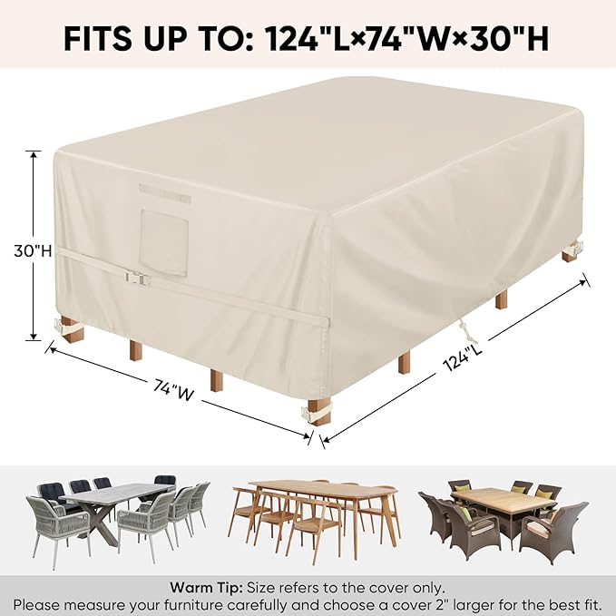 BALEINE Patio Furniture Covers, Outdoor Furniture Covers Waterproof, Heavy Duty Oxford Patio Table Cover for Outdoor Table, Chair, Sofa, Desk (Beige 124"L×74"W×30"H)